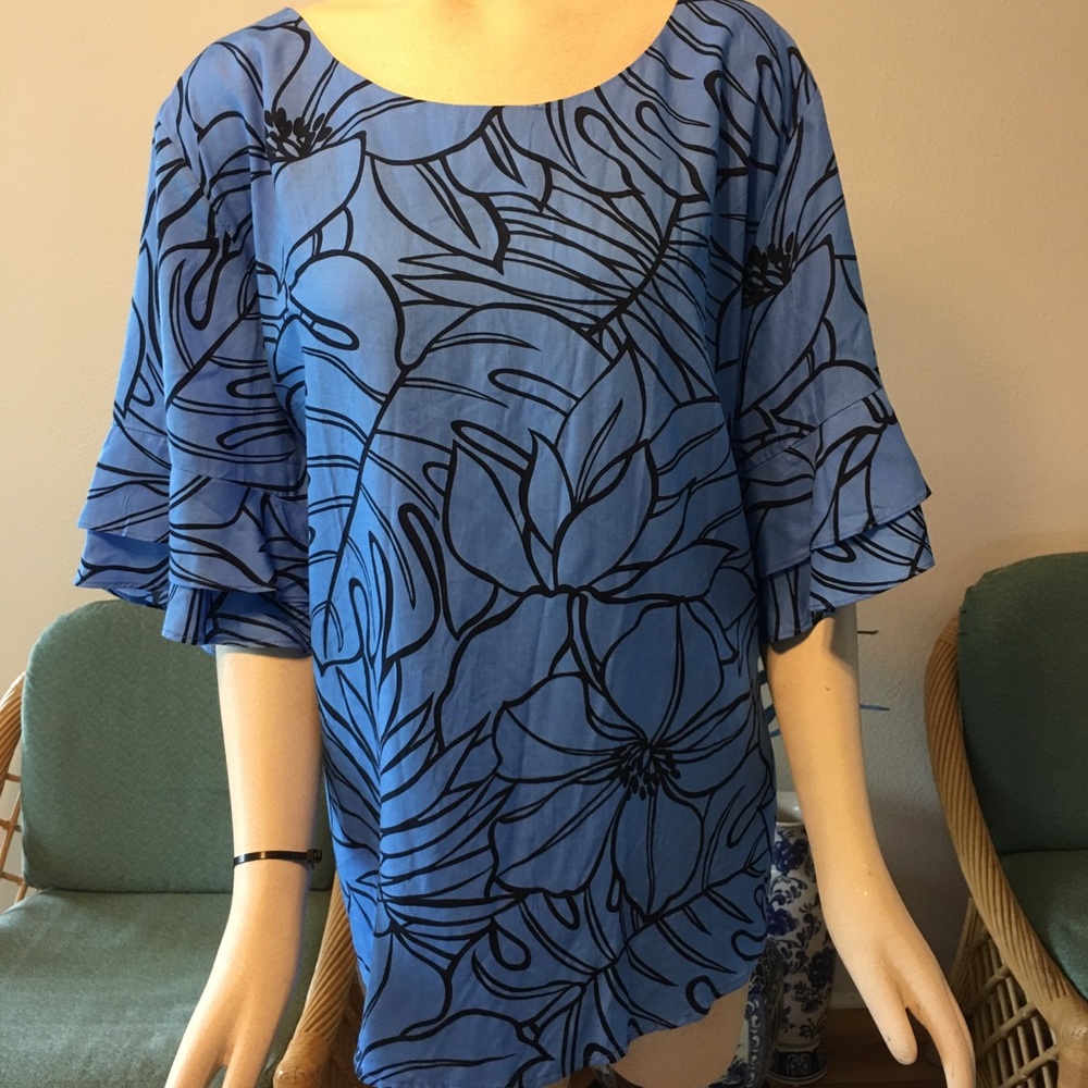 Vibrant Blue Hawaiian Top with Flare sleeves